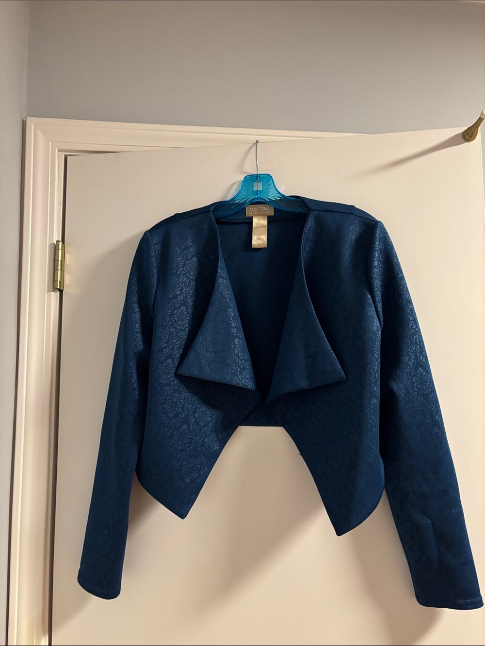 Miss Tina Teal-Blue Cropped Draped Open-Front Jacket